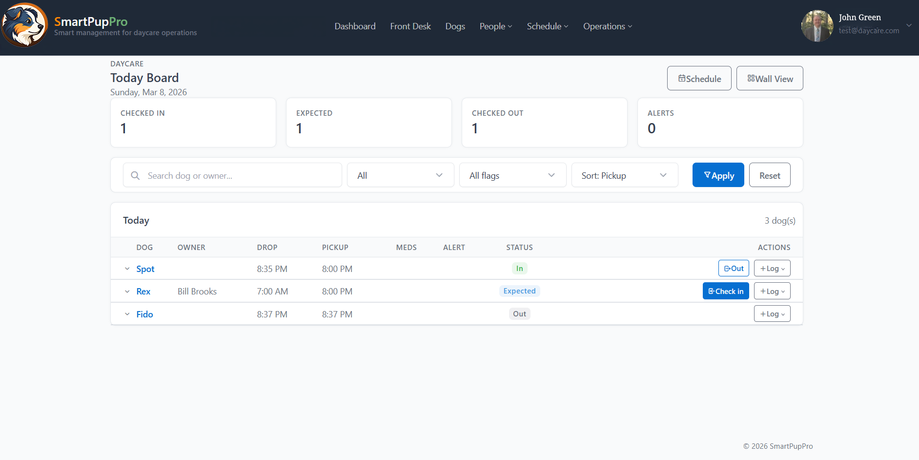 SmartPupPro daycare today board screenshot